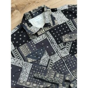 Christos New York Mens Large Bandana Paisley Patchwork ZipUp Shacket Black White